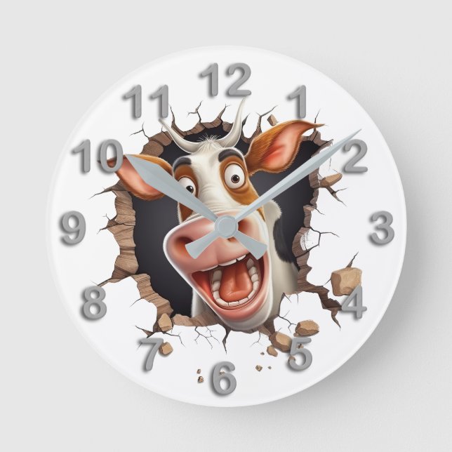 Funny Kuh Gesicht überrascht sehen braunen weißen  Runde Wanduhr (Vorderseite)