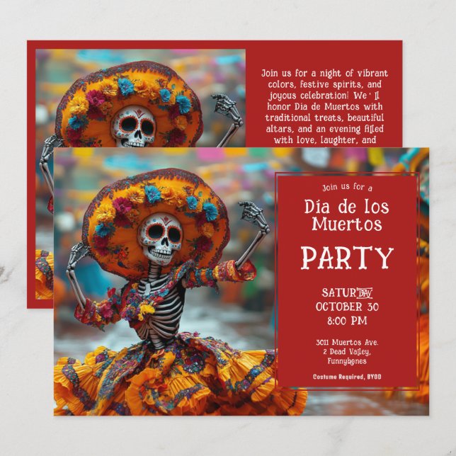 💀 Funny La Calavera in orangefarbenem Kleid Einladung (Vorne/Hinten)