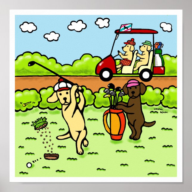 Funny Labrador Golfers Cartoon Gelbe Labrador Poster (Vorne)