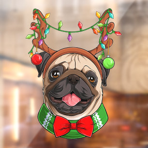 Funny lächelnd Weihnachts-Rentier-Mops mit Licht Fensteraufkleber