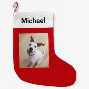 Funny lächelnd Weißer Rentierhund Foto Red Kleiner Weihnachtsstrumpf