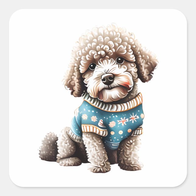 Funny Lagotto Romagnolo in Weihnachts-Sweater Quadratischer Aufkleber (Vorderseite)
