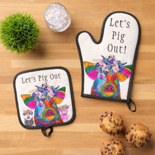 Funny lass uns Schweinchen ausstechen Ofenhandschuh & Topflappen-Set