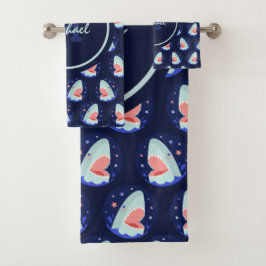 Funny Laughing Shark Stars Nautical Blue Boys Name Badhandtuch Set
