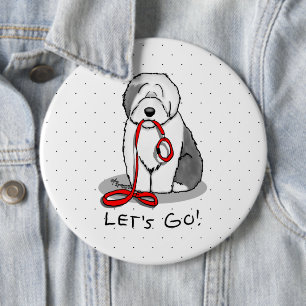 Funny Let's Go! Walk Old English Sheepdog (Grau 1) Button