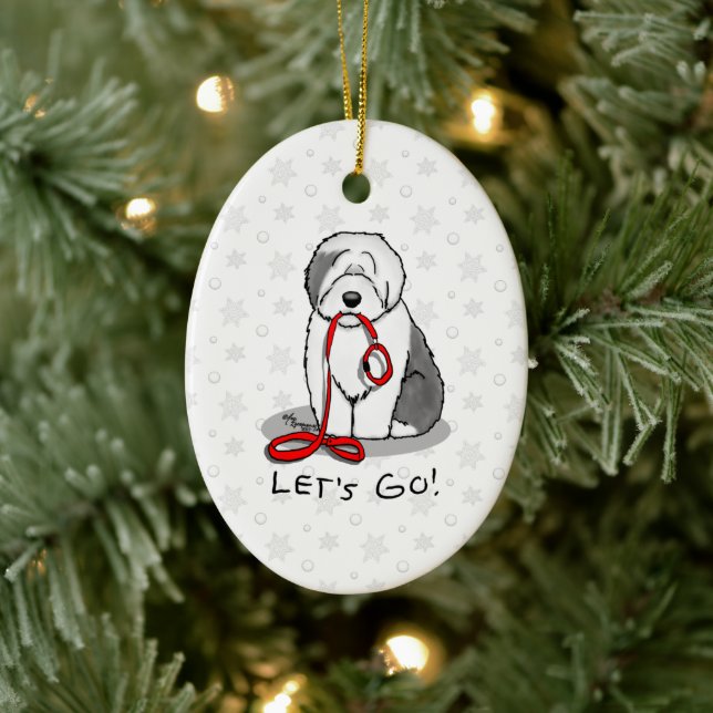 Funny Let's Go! Walk Old English Sheepdog (Grau 1) Keramik Ornament (Baum)