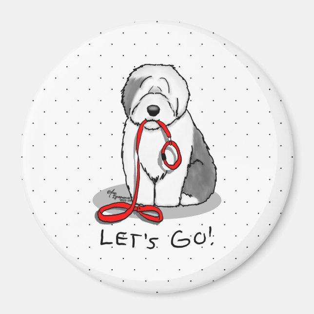 Funny Let's Go! Walk Old English Sheepdog (Grau 1) Magnet (Vorne)