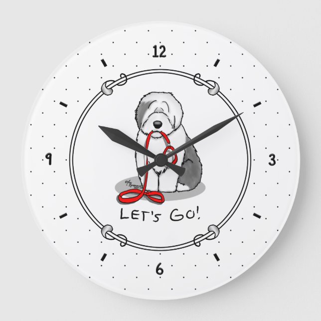 Funny Let's Go! Walk Old English Sheepdog (Gray 1) Große Wanduhr (Vorderseite)