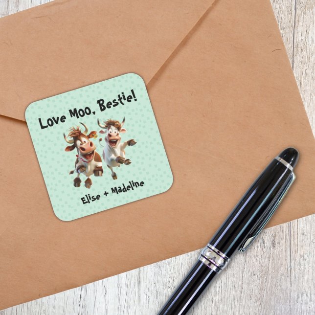 Funny "Liebe Moo Bestie" Personalisiert Quadratischer Aufkleber (Funny “Love Moo Bestie” Personalized Best Friends Sticker)
