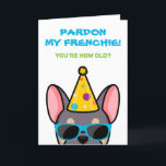 Funny Lilac Tan French Bulldog Frenchie Birthday C Karte<br><div class="desc">Wenn Sie jemanden kennen, der französische Bullhunde Lieben hat und einen guten Spaß hat, ist diese lustige Geburtstagskarte ideal, um sie an ihrem besonderen Tag zu schicken. Das Design zeigt eine Cartoon-Art-Abbildung eines lila und blassfarbenen französischen Bulldoggen mit einem Party Hut und Sonnenbrille mit der Aufschrift "Verzeihen Sie meinen Franzosen!...</div>