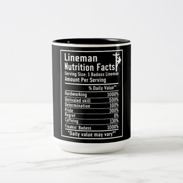 Funny Lineman Nutritional Facts Zweifarbige Tasse (Mittel)