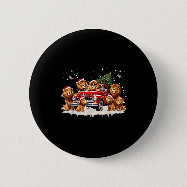 Funny Lion Riding Christmas Tree Truck Christmas  Button (Vorderseite)