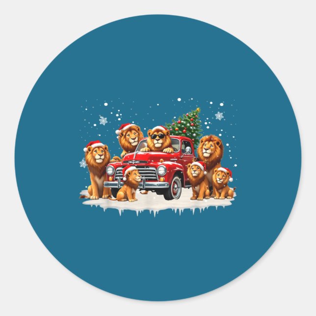 Funny Lion Riding Christmas Tree Truck Christmas  Runder Aufkleber (Vorderseite)