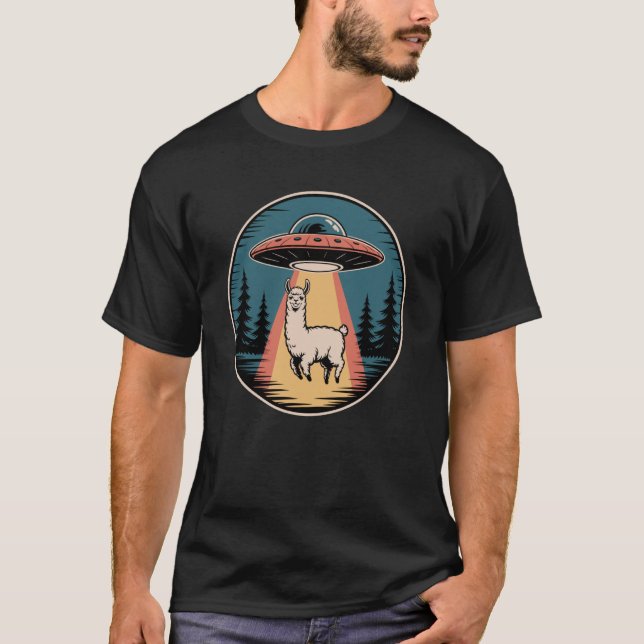 Funny Llama Alien Abduction UFO T-Shirt (Vorderseite)
