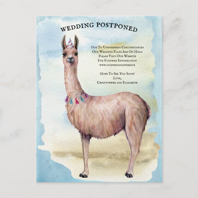 Funny Llama Blue Hochzeit verschoben Datum ändern Postkarte (Vorderseite)