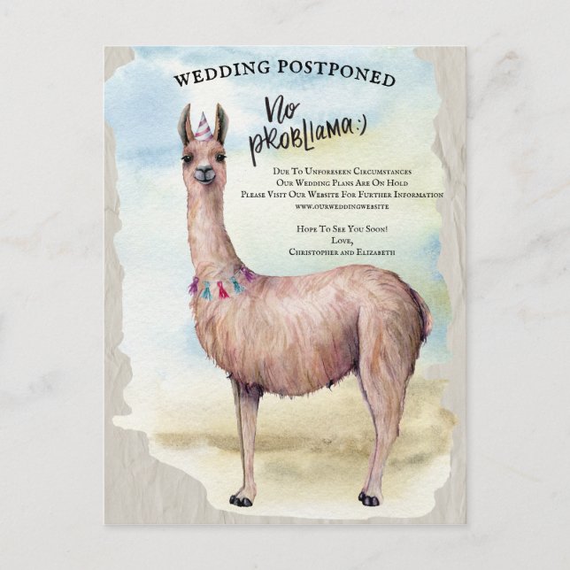 Funny Llama Hochzeit verschoben Datum ändern Postkarte (Vorderseite)