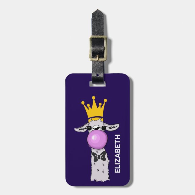 Funny Llama Illustration bläst eine rosa Blase Gepäckanhänger (Vorderseite vertikal)