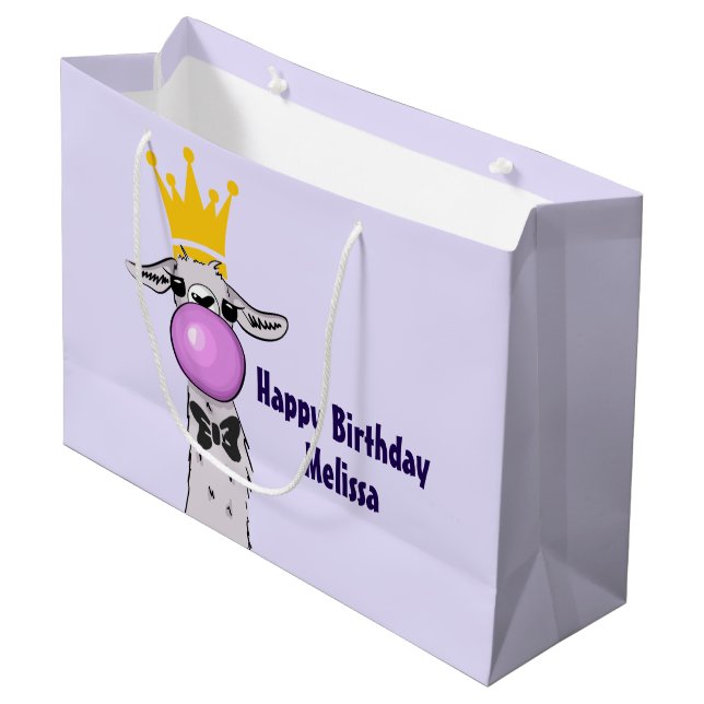 Funny Llama Illustration bläst eine rosa Blase Große Geschenktüte (Vorderseite Schrägansicht)