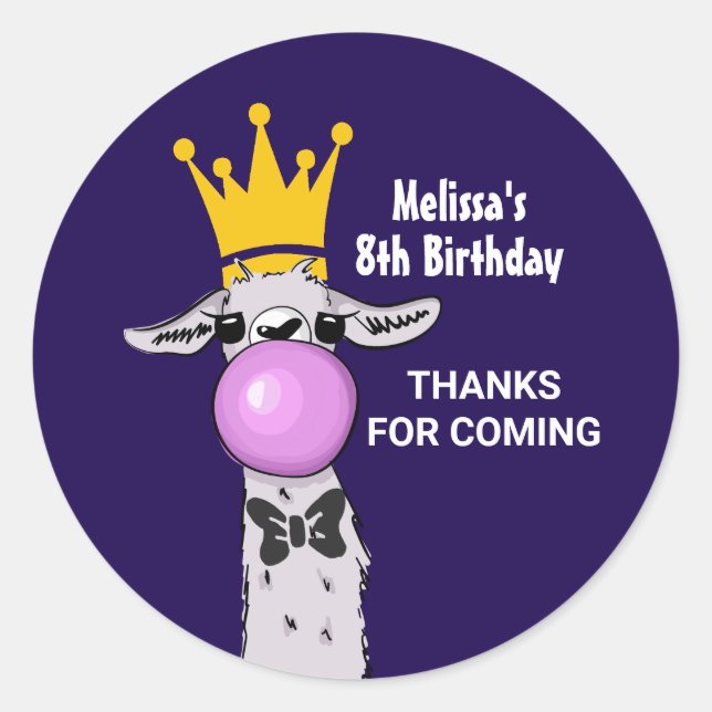 Funny Llama Illustration bläst eine rosa Blase Runder Aufkleber (Vorderseite)