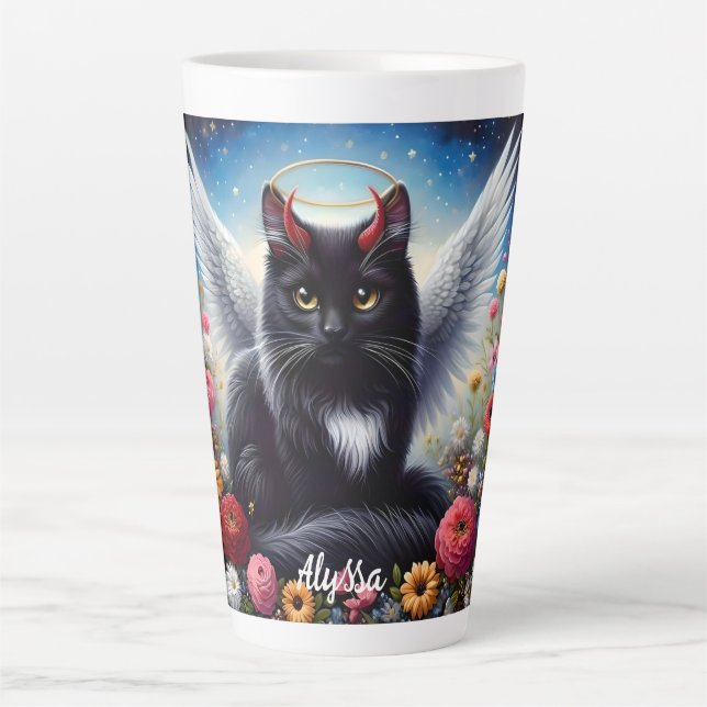 Funny Long Hairs Black Demon and Angel Cat Milchtasse (Vorderseite)