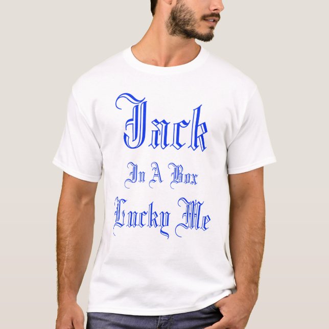 Funny Lucky Jack in einem Box-Logo T-Shirt (Vorderseite)