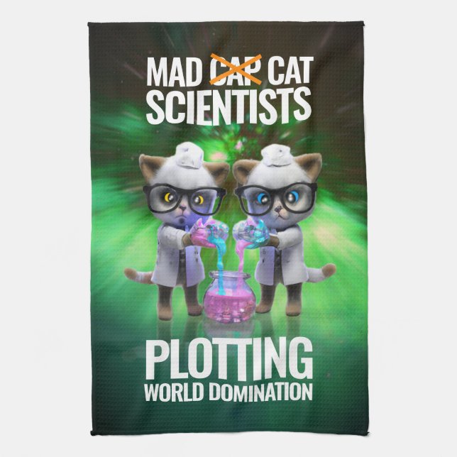 Funny Mad Cat Scientists planen Weltherrschaft Geschirrtuch (Vertikal)