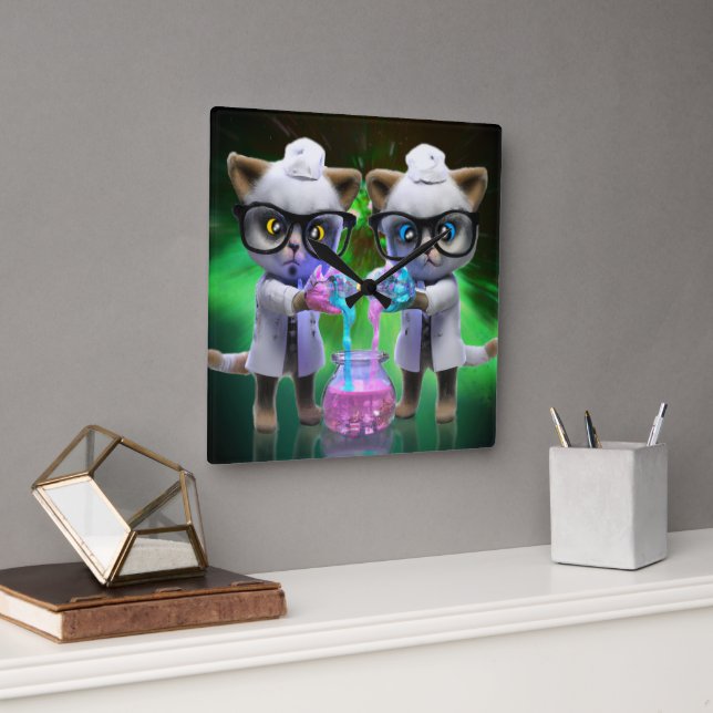 Funny Mad Cat Scientists planen Weltherrschaft Quadratische Wanduhr (Büro)