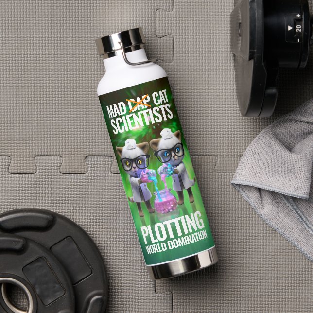 Funny Mad Cat Scientists planen Weltherrschaft Trinkflasche (Fitnessstudio)