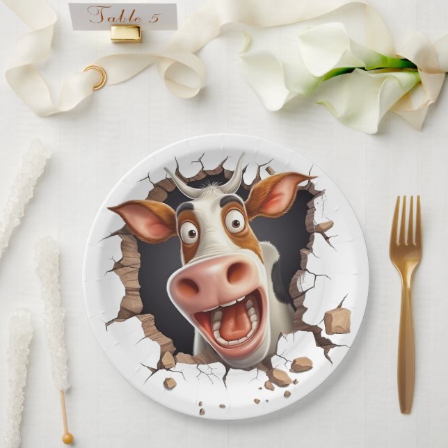 Funny mad Kuh Cartoon konfrontiert Bauern Country  Pappteller (Hochzeit)