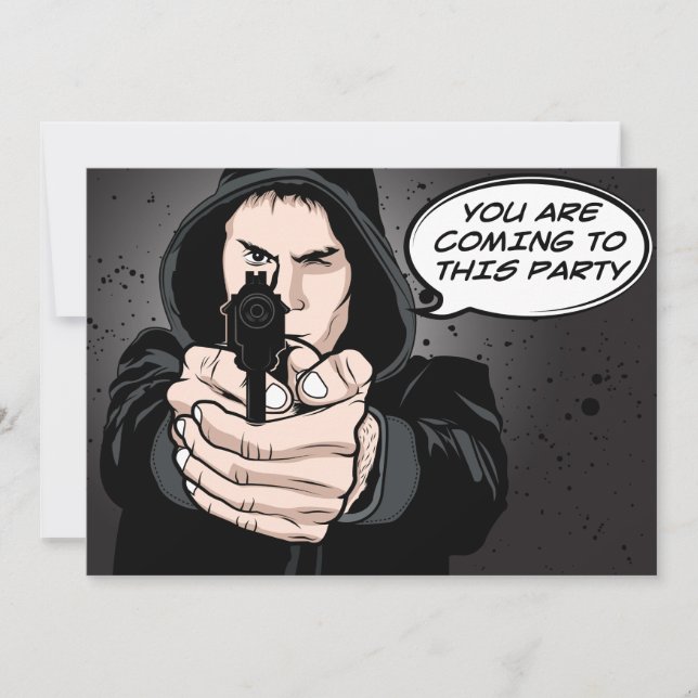 Funny Man pointing Gun Cartoon Einladung (Vorderseite)