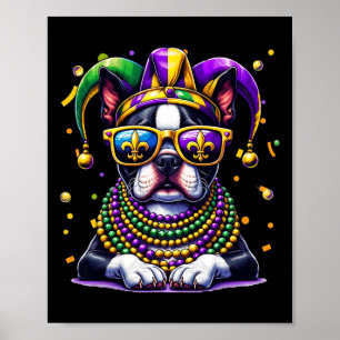 Funny Mardi Gras Bead Boston Terrier Dog Festival Poster
