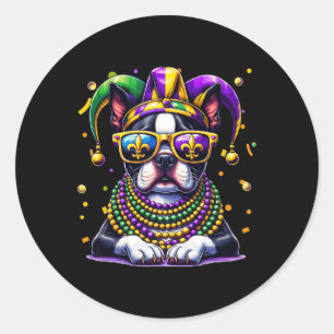 Funny Mardi Gras Bead Boston Terrier Dog Festival Runder Aufkleber