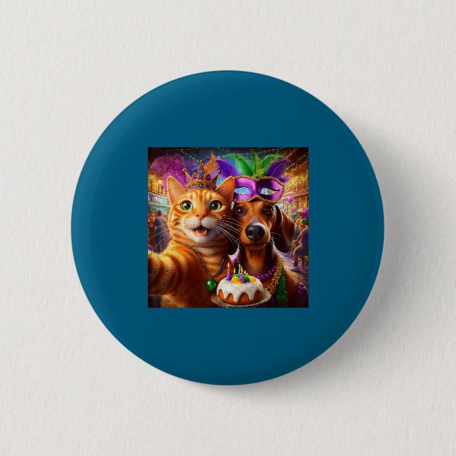 Funny Mardi Gras Cat Dachshund Selfie Squad  Button (Vorderseite)