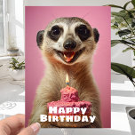 Funny Meerkat mit Candle Cake - Happy Birthday Karte<br><div class="desc">Die Meerkat lebte seit vielen Jahren in der Savanne, hatte aber noch nie zuvor einen Geburtstagskuchen gesehen. Der Kuchen war so verzaubert, dass er fast vergessen hätte, warum er überhaupt zum Tisch gekommen war. Es war der Geburtstag ihres besten Freundes und das Merkat war geschickt worden, um dem Geburtstagsjungen zu...</div>