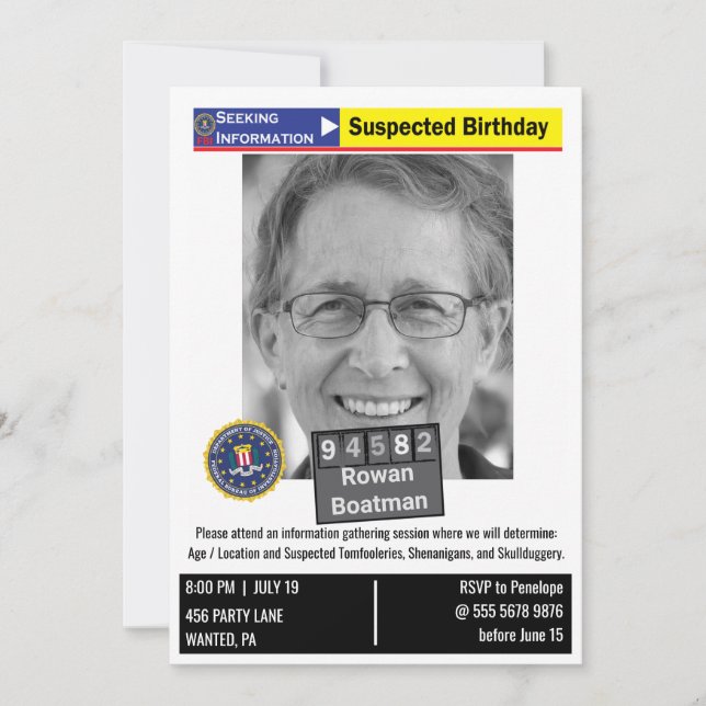Funny Mens Birthday Humore Police Mugshot Joke Einladung (Vorderseite)
