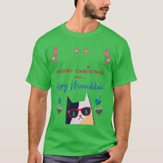 Funny Meow Christmas und Happy Meowikkah Cat Lover T-Shirt
