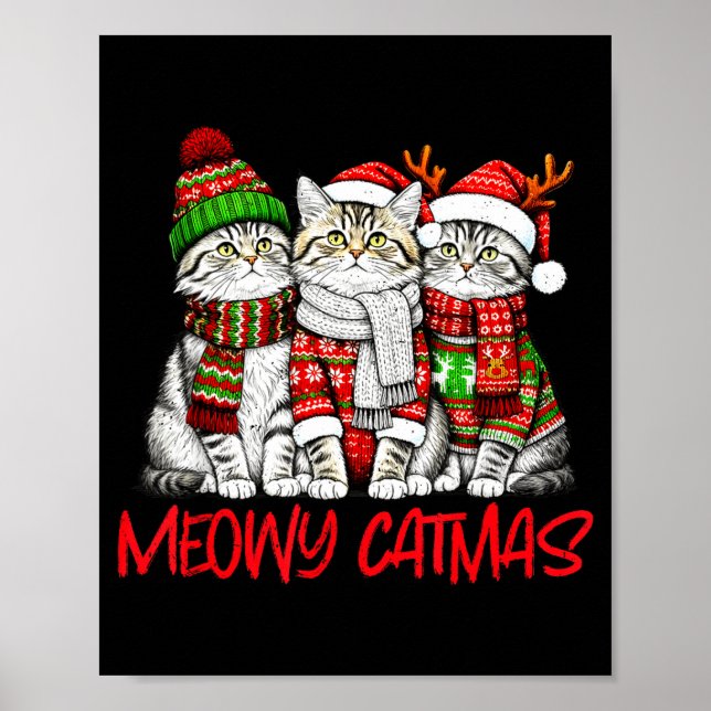 Funny Meowy Catmas Christmas Cats Ugly Sweater Gra Poster (Vorne)