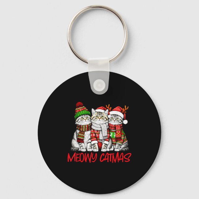 Funny Meowy Catmas Christmas Cats Ugly Sweater Gra Schlüsselanhänger (Vorderseite)