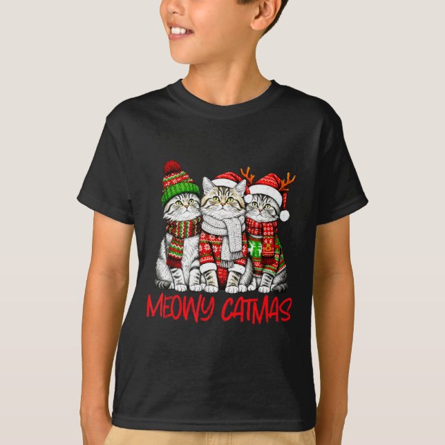 Funny Meowy Catmas Christmas Cats Ugly Sweater Gra T-Shirt (Vorderseite)