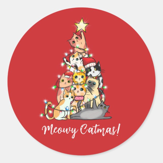 Funny Meowy Catmas Katzen Weihnachtsbaum Runder Aufkleber (Vorderseite)