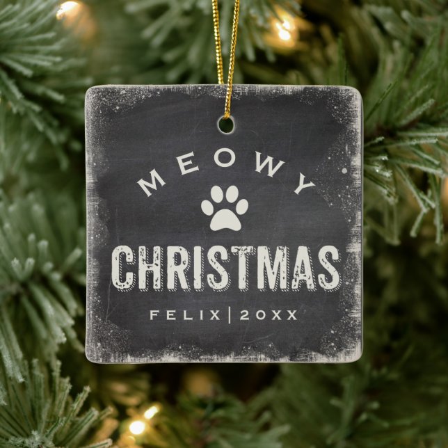 Funny Meowy Frohe Weihnachts Cat Foto Name Custom Keramikornament (Baum)