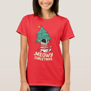 Funny Meowy Weihnachten Grumpy Tuxedo Cat Xmas Tre T-Shirt