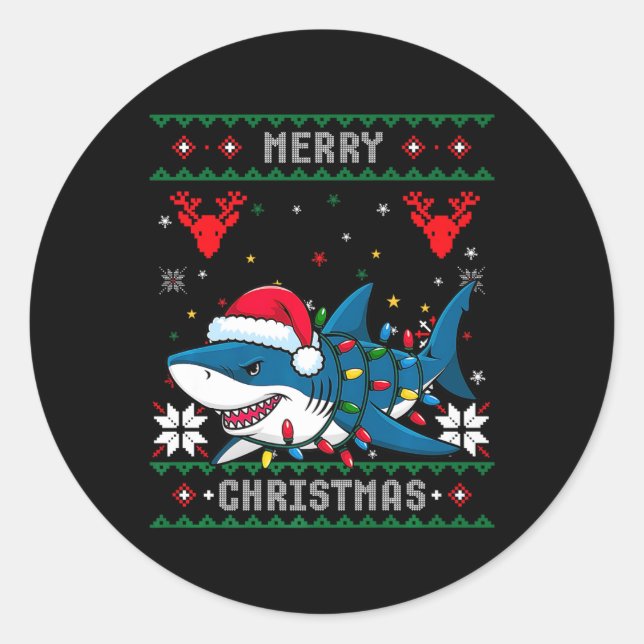 Funny Merguly Ugly Christmas Shark Weihnachtsmannm Runder Aufkleber (Vorderseite)