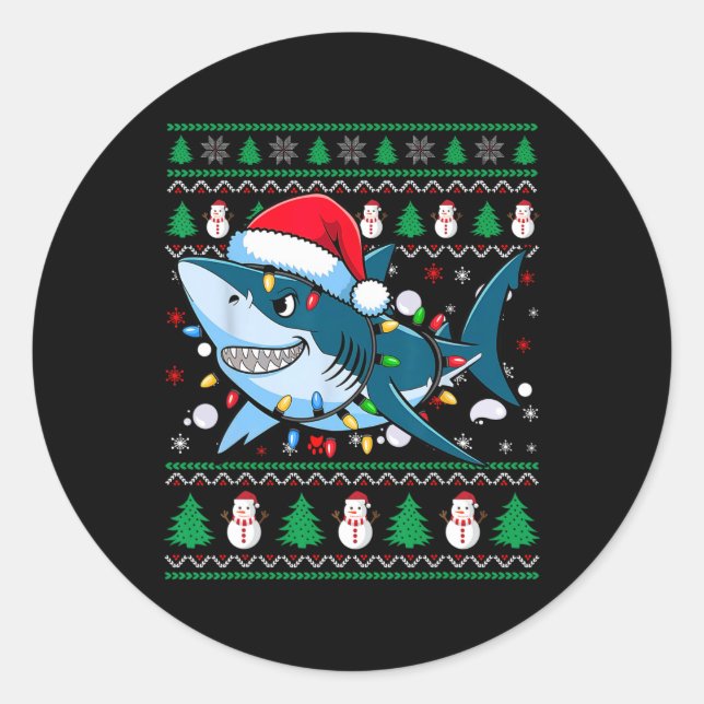 Funny Merguly Ugly Christmas Shark Weihnachtsmannm Runder Aufkleber (Vorderseite)