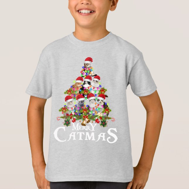 Funny Merry Catmas Baum Lichter Weihnachtsgeschenk T-Shirt (Vorderseite)
