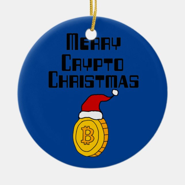 Funny Merry Crypto Christmas Bitcoin in Weihnachts Keramik Ornament (Vorne)