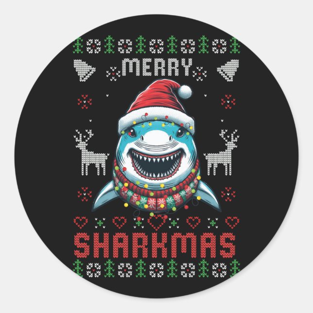 Funny Merry Sharkmas Ugly Christmas Shark Wear Runder Aufkleber (Vorderseite)