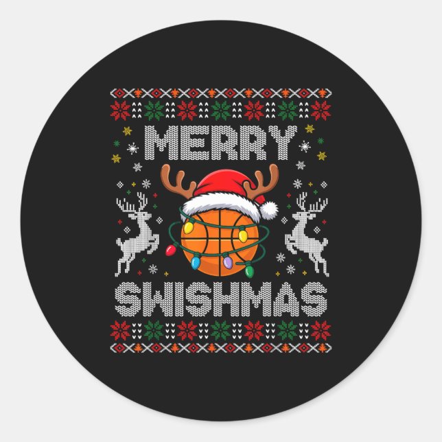Funny Merry Swishmas Basketball Christmas Reindeer Runder Aufkleber (Vorderseite)