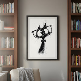 Funny Minimalist Whimsical Nerd Cat with Glasses Poster