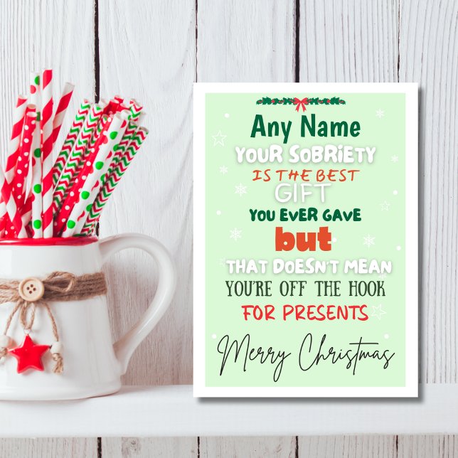 Funny Mint Green Individuelle Name Sobriety Christ Karte (Personalize sober support christmas card, pastel green, trendy fonts)